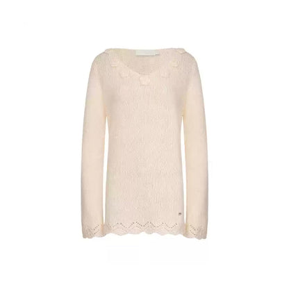 Kroche Hand Crochet Hollow Out V-Neck Knit Top Beige