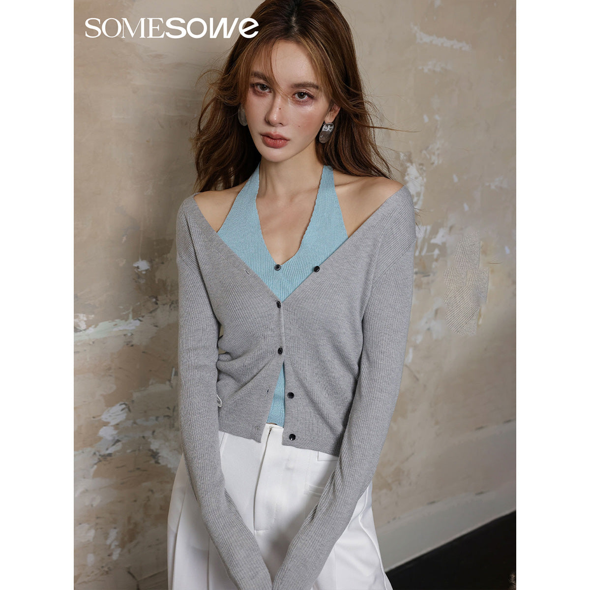 SomeSowe Hollow-Out Fake-2-Piece Knit Slim Top Grey