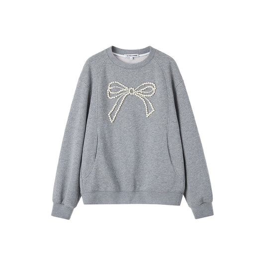 SomeSowe Bow Beaded Crewneck Sweatshirt Gray