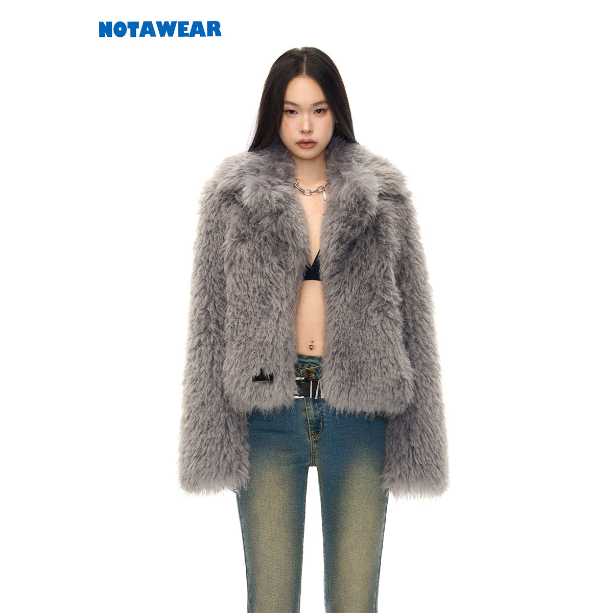 NotAwear Lapel Collar Woolen Fuzzy Jacket