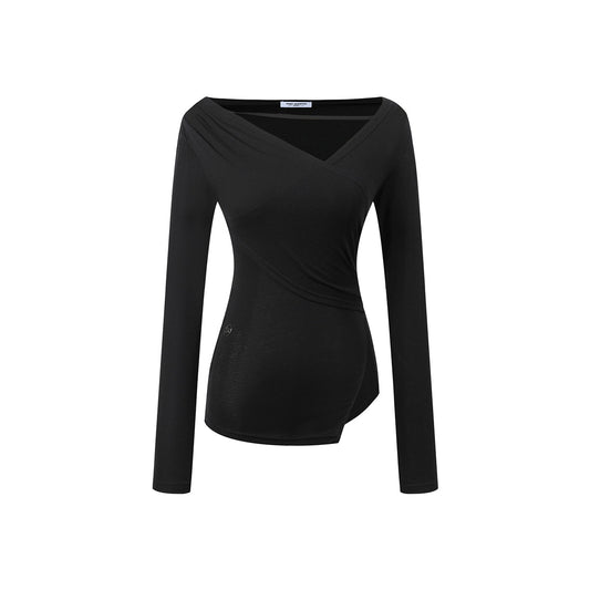 Three Quarters Wrinkled Knit Slim Top Black