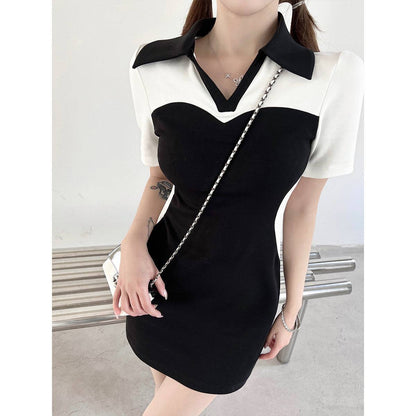 Three Quarters V-Neck Collar Colour Blocked Dress