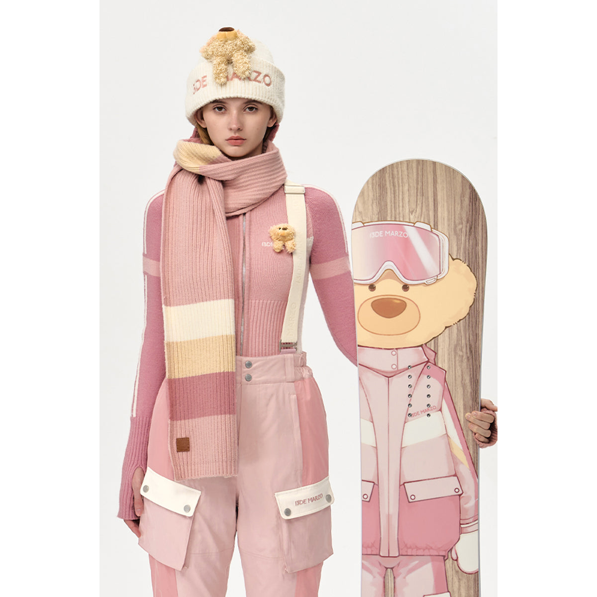 13De Marzo Plush Bear Skiing Hooded Knit Scarf Pink