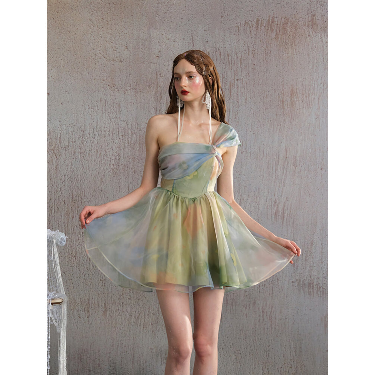 Arte Pura Green Render One Shoulder Dress