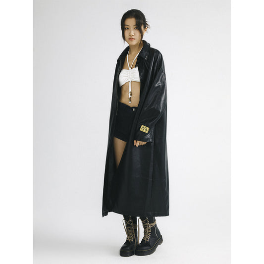 IFIK Oversized Zipper Leather Hooded Coat Black