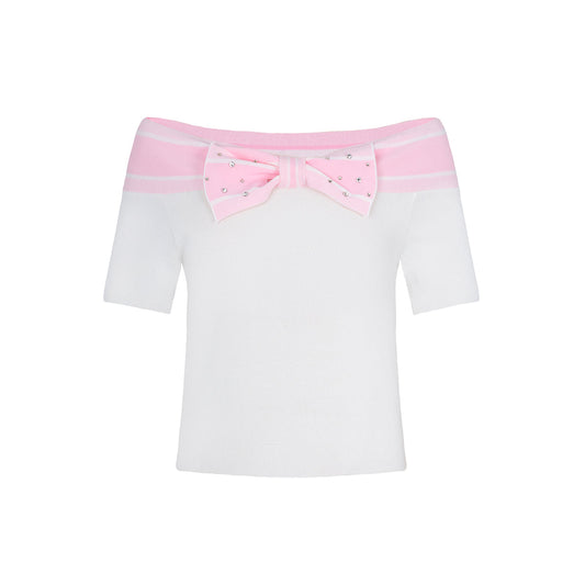 Three Quarters Off-Shoulder Bow Tie Knit Top