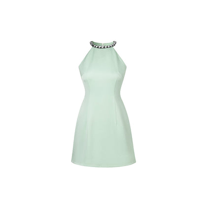 Diana Vevina Sleeveless Rhinestone Halter Dress Green