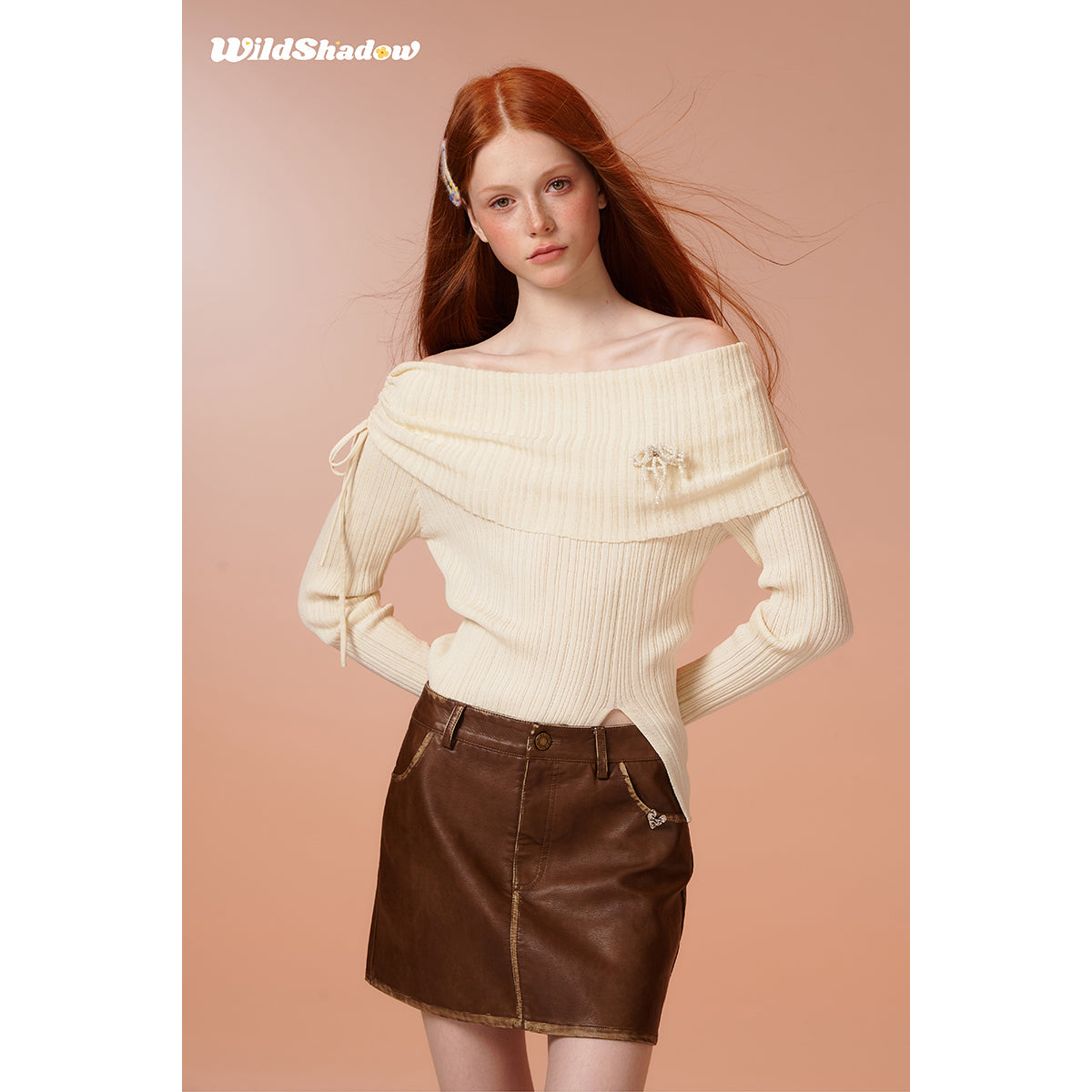 Wildshadow Off-Shoulder Drawstring Knit Top Cream