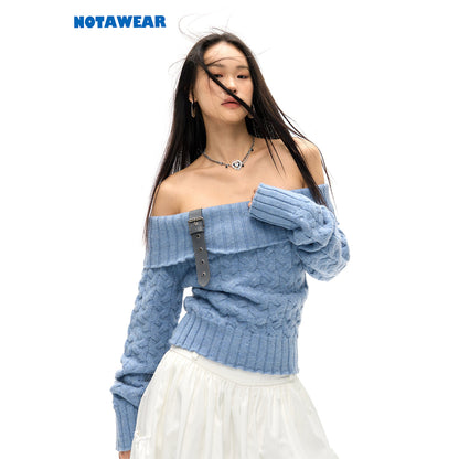 NotAwear Detachable Belt Off-Shoulder Knit Top Blue