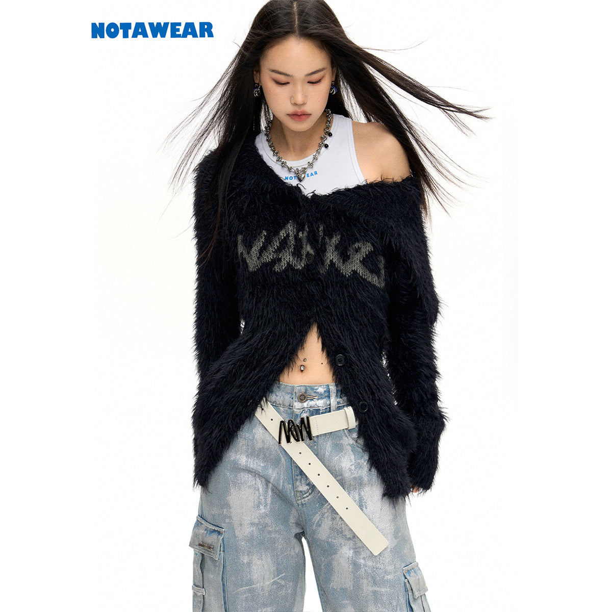 NotAwear Logo Embroidery Faux Mink Sweater Black