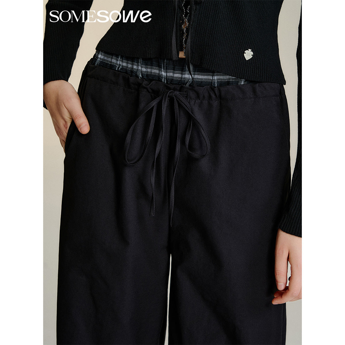 SomeSowe Double Waist Drawstring Wide-Leg Pants Black