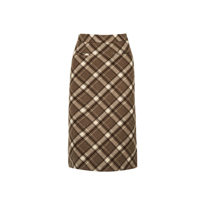 Kroche Vintage Checked Long Woolen A-Line Skirt