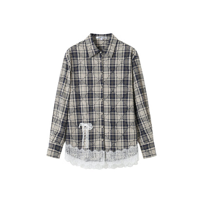 SomeSowe Patched Lace Textured Plaid Shirt