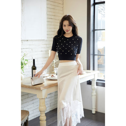 Three Quarters Lace Patchwork Irregular Long Skirt White