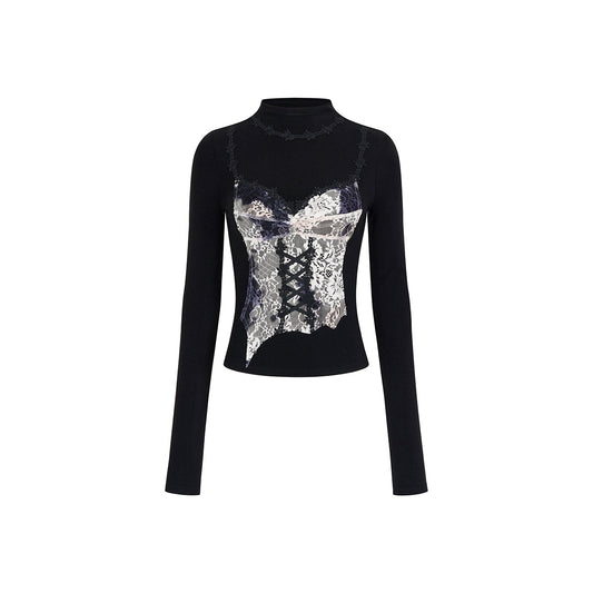 Via Pitti Color Blocked 3D Lace Patchwork Top Black