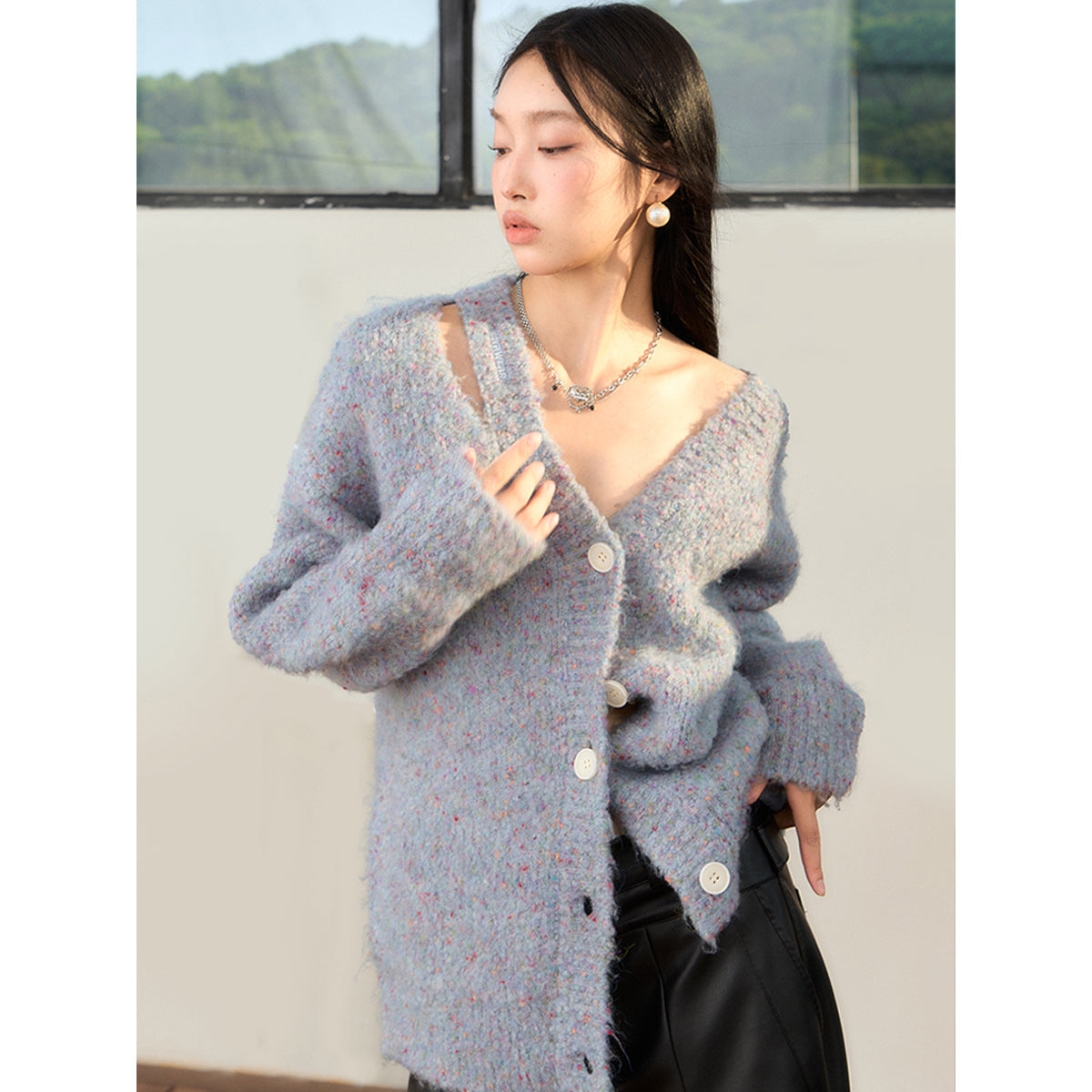 NotAwear Woolen Hollow Cutting Cardigan Blue