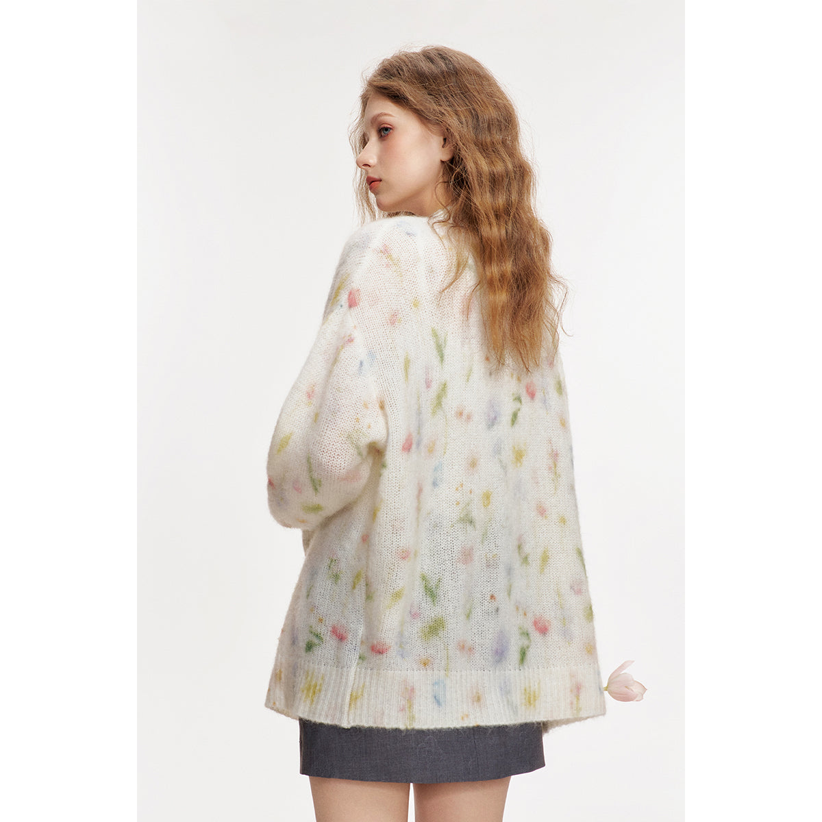 Kroche Mohair Floral Knitted V-Neck Woolen Cardigan