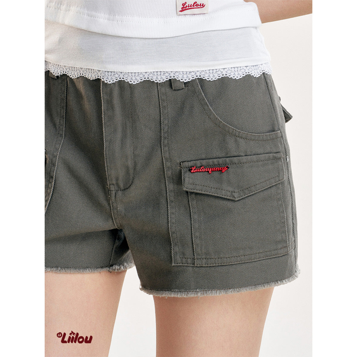 Liilou Cargo Denim Shorts Olive Green