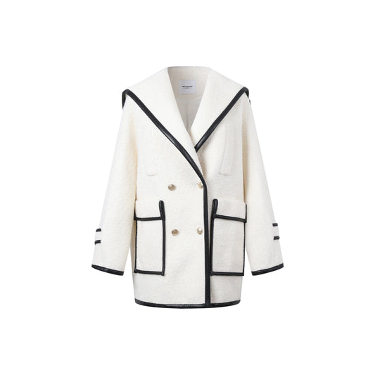 Three Quarters Color Blocked Lapel Woolen Coat White