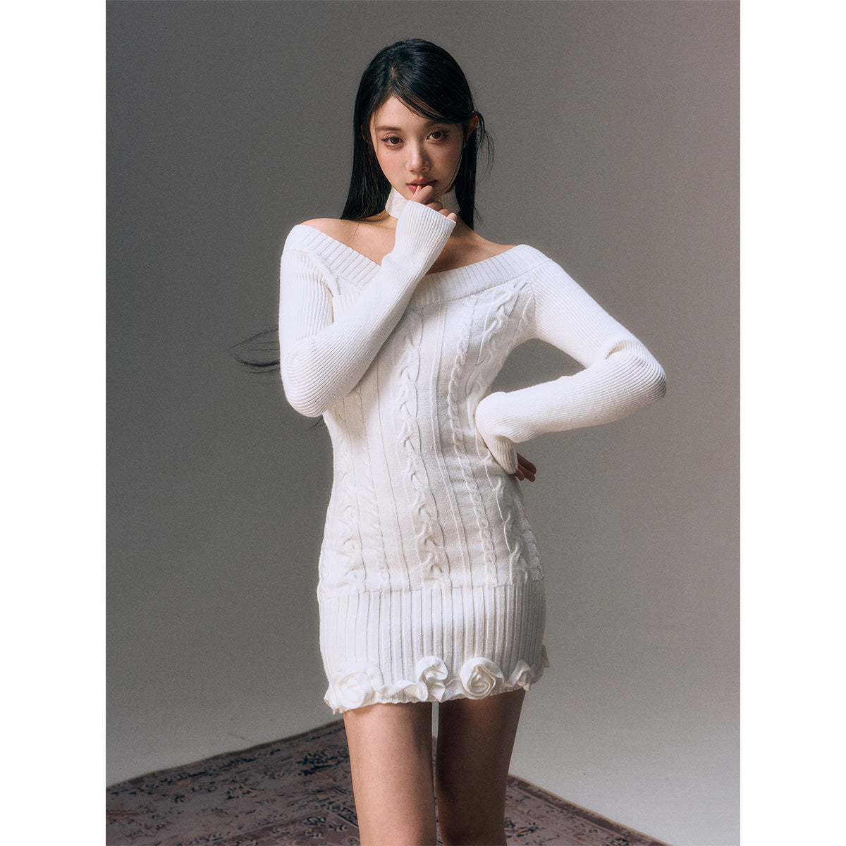 AGAM Cross Off-Shoulder Rose Collar Knit Dress White