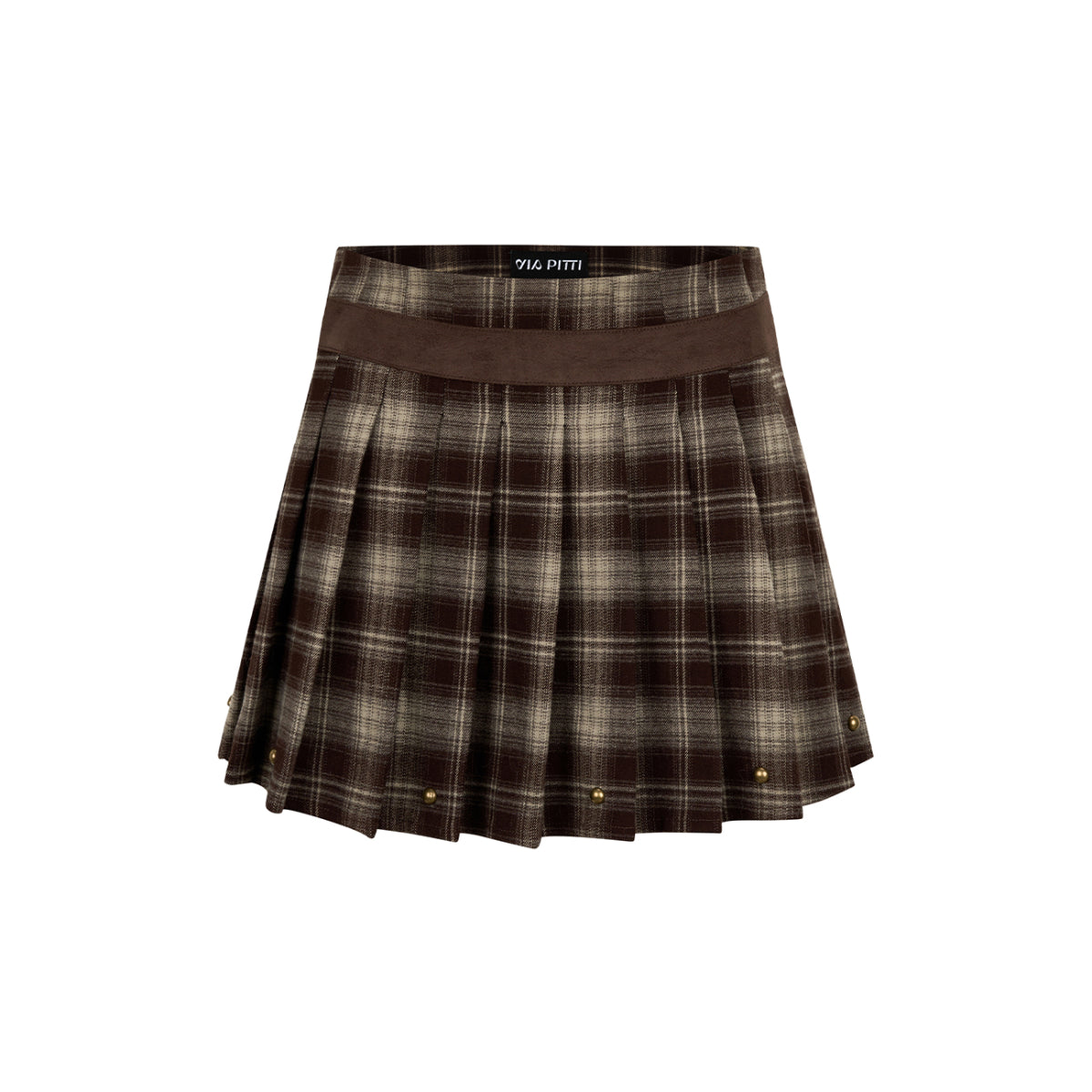 Via Pitti Rivet Suede Leather Patchwork Pleated Plaid Skirt Brown