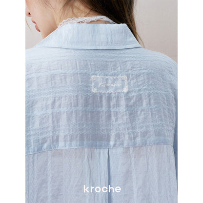 Kroche Lace Patchwork Ribbon Striped Shirt Blue