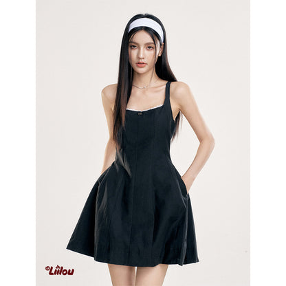 Liilou Contrast Color Lace Backless Slip Dress Black