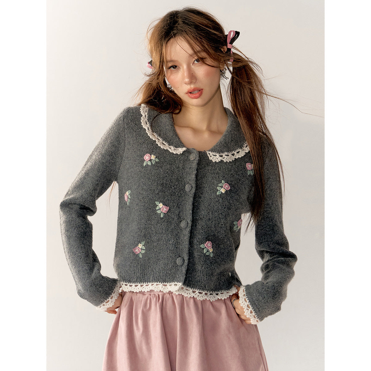 AsGony Embroidery Lace Flower Doll Collar Cardigan