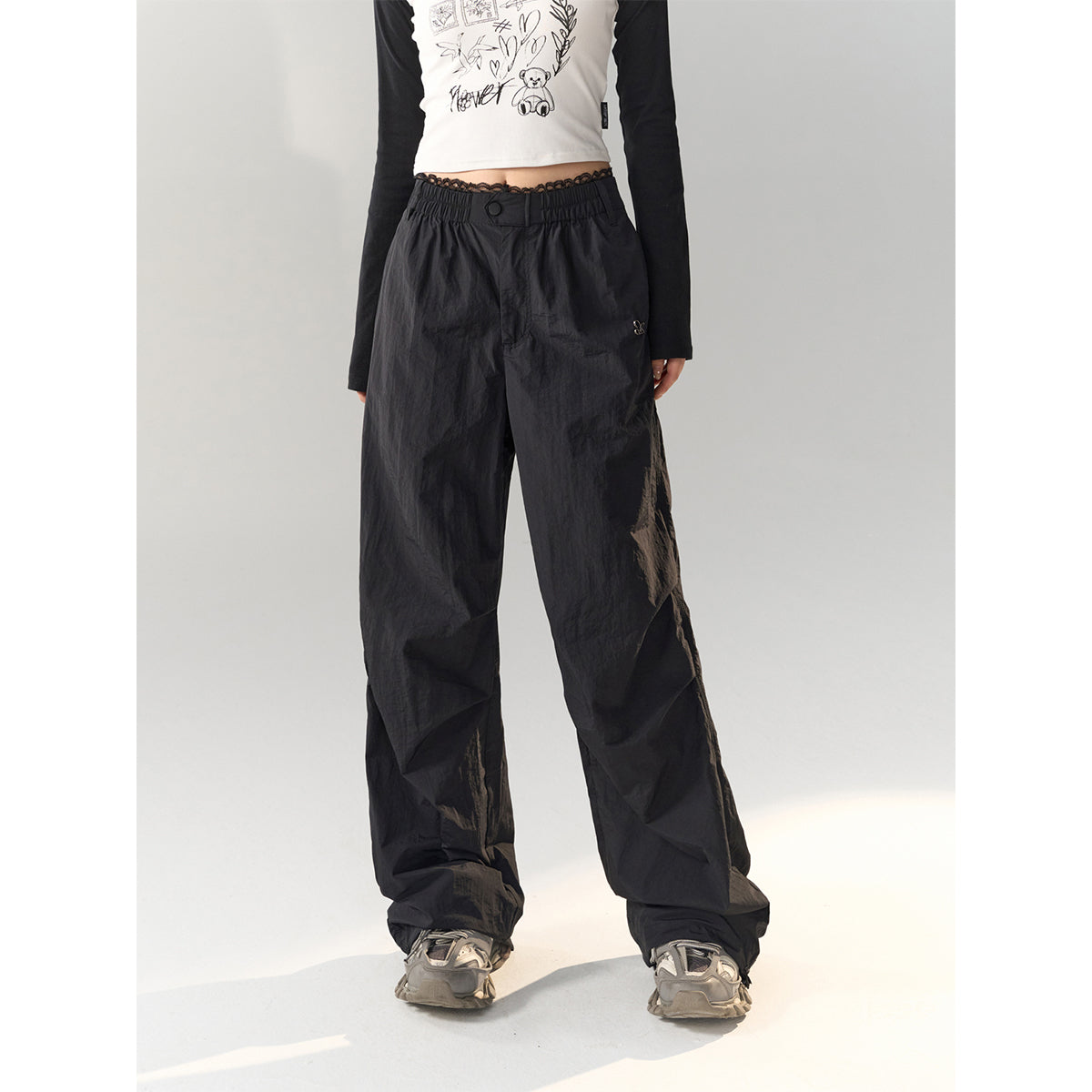 AsGony Lace Waist Pleated Wide-Leg Cargo Pants Black