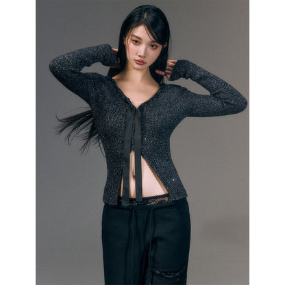 AGAM Ribbon Woolen Knit V-Neck Cardigan Black