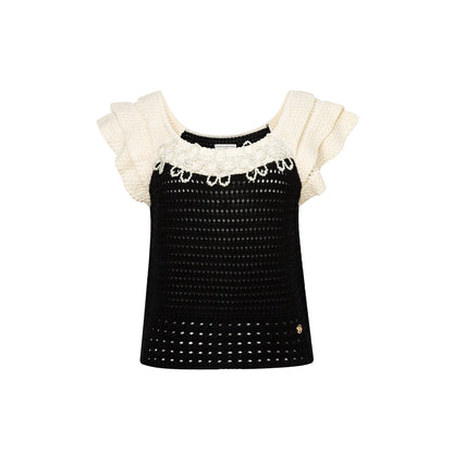 Diana Vevina Beaded Flower Hollow Knit Top Black