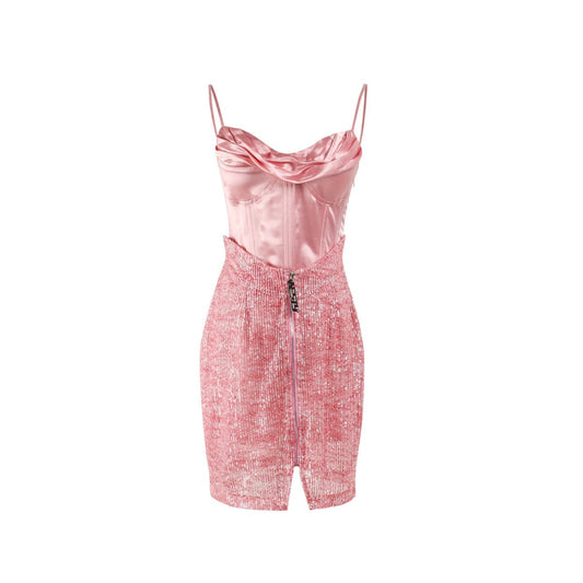 West.Y Satin Glitter Sling Dress Pink