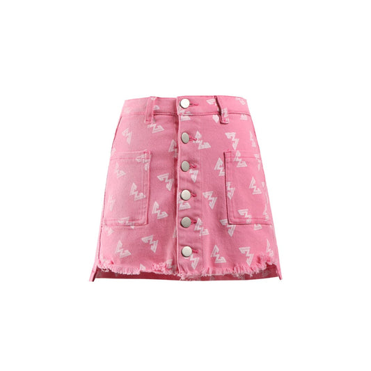 West.Y Button Up Full Print Logo Denim Skirt Pink