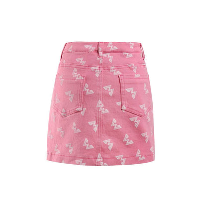 West.Y Button Up Full Print Logo Denim Skirt Pink