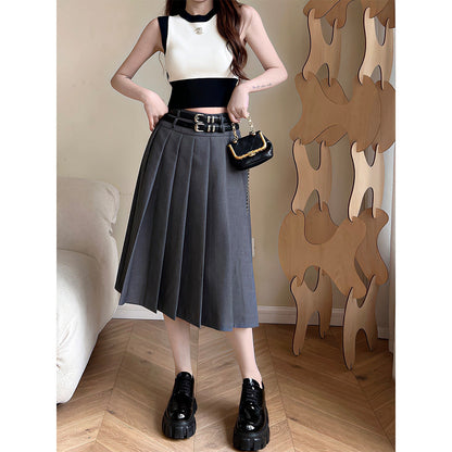 Three Quarters Classic Pleated Long Skirt Grey