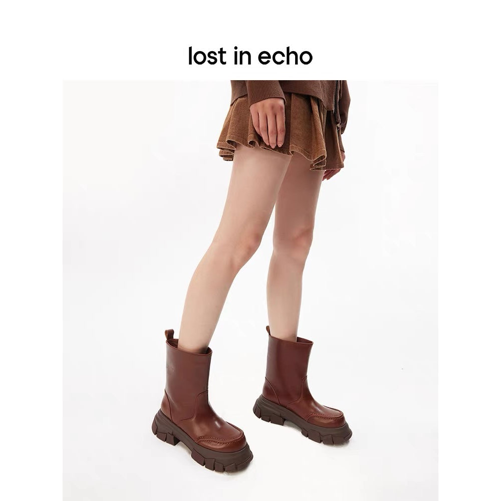 Lost In Echo Wide Heel Leather Boots Brown