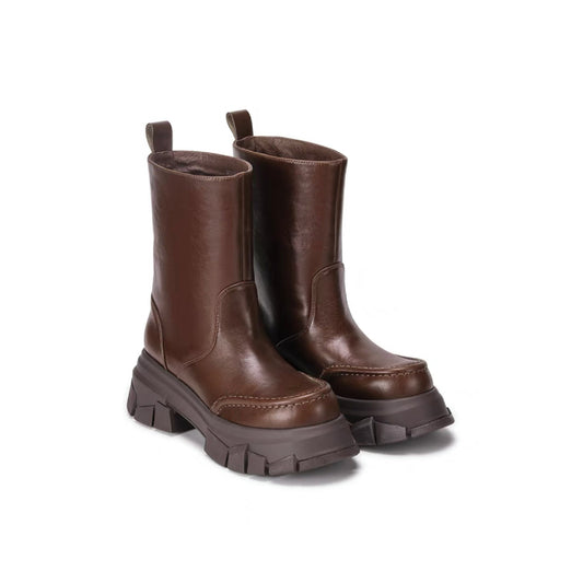 Lost In Echo Wide Heel Leather Boots Brown