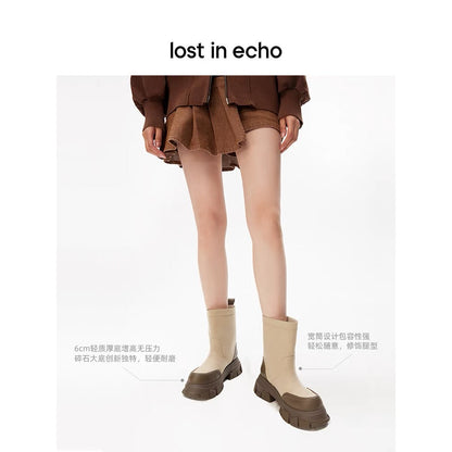 Lost In Echo Wide Heel Leather Boots Sand