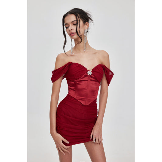 Sheer Luck Rosette Fishbone Mesh Tube Top Dress Red