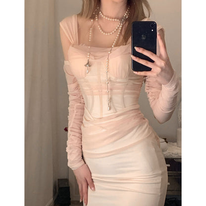 Sheer Luck Ariel Off-Shoulder Fishtail Mesh Dress Cream