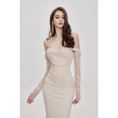 Sheer Luck Ariel Off-Shoulder Fishtail Mesh Dress Cream