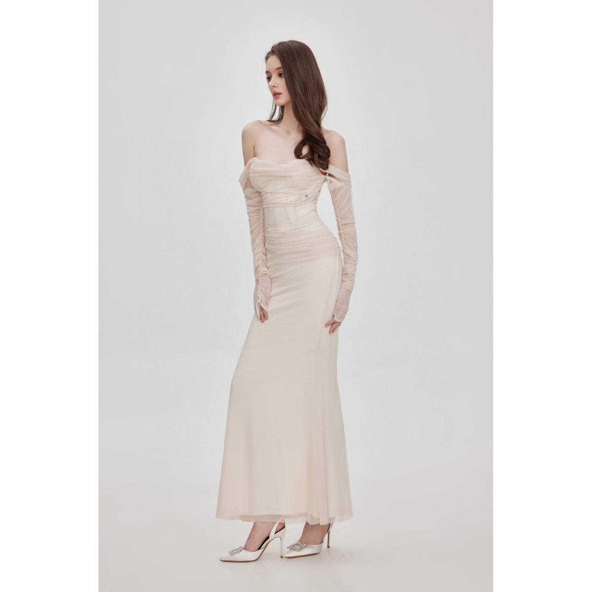 Sheer Luck Ariel Off-Shoulder Fishtail Mesh Dress Cream