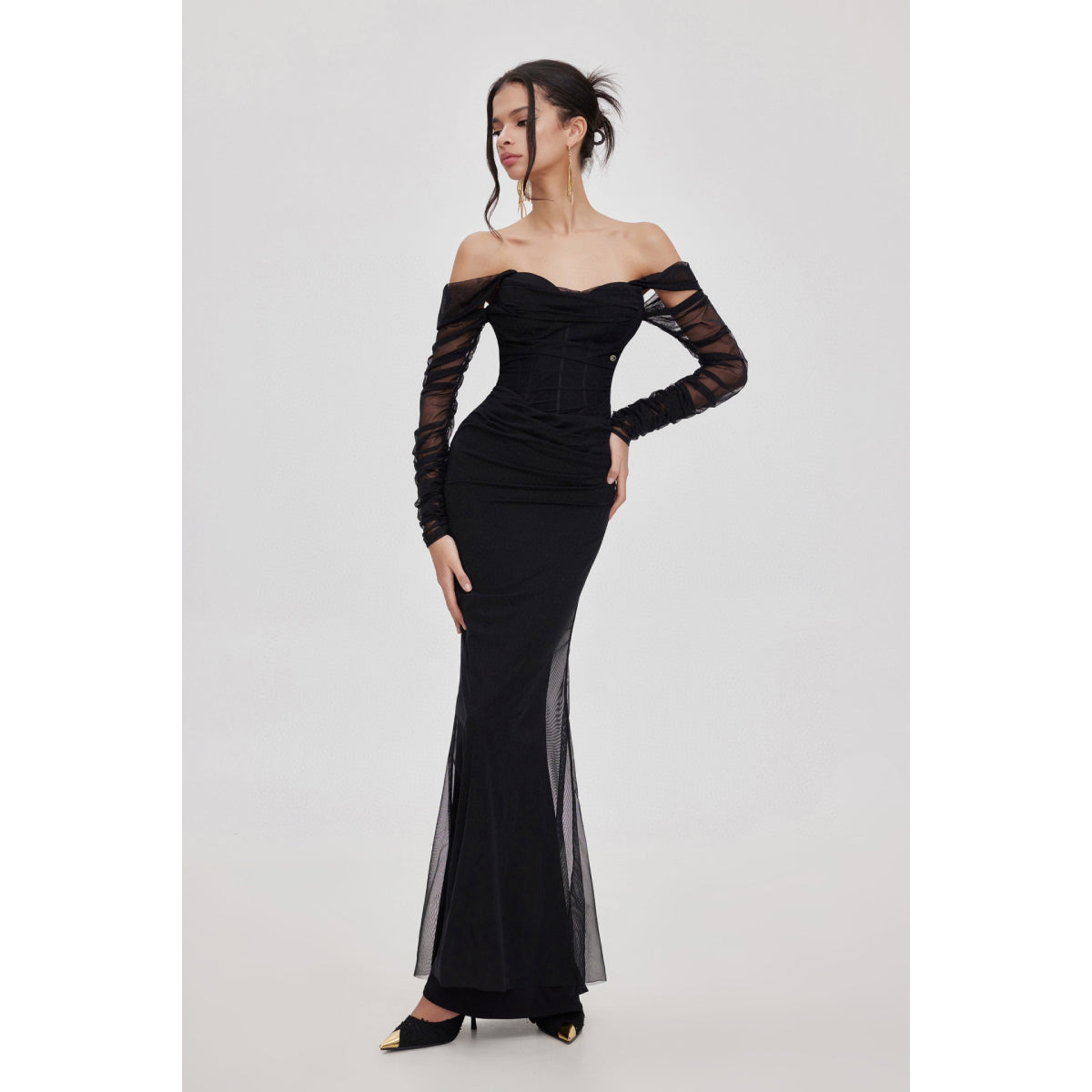 Sheer Luck Ariel Off-Shoulder Fishtail Mesh Dress Black