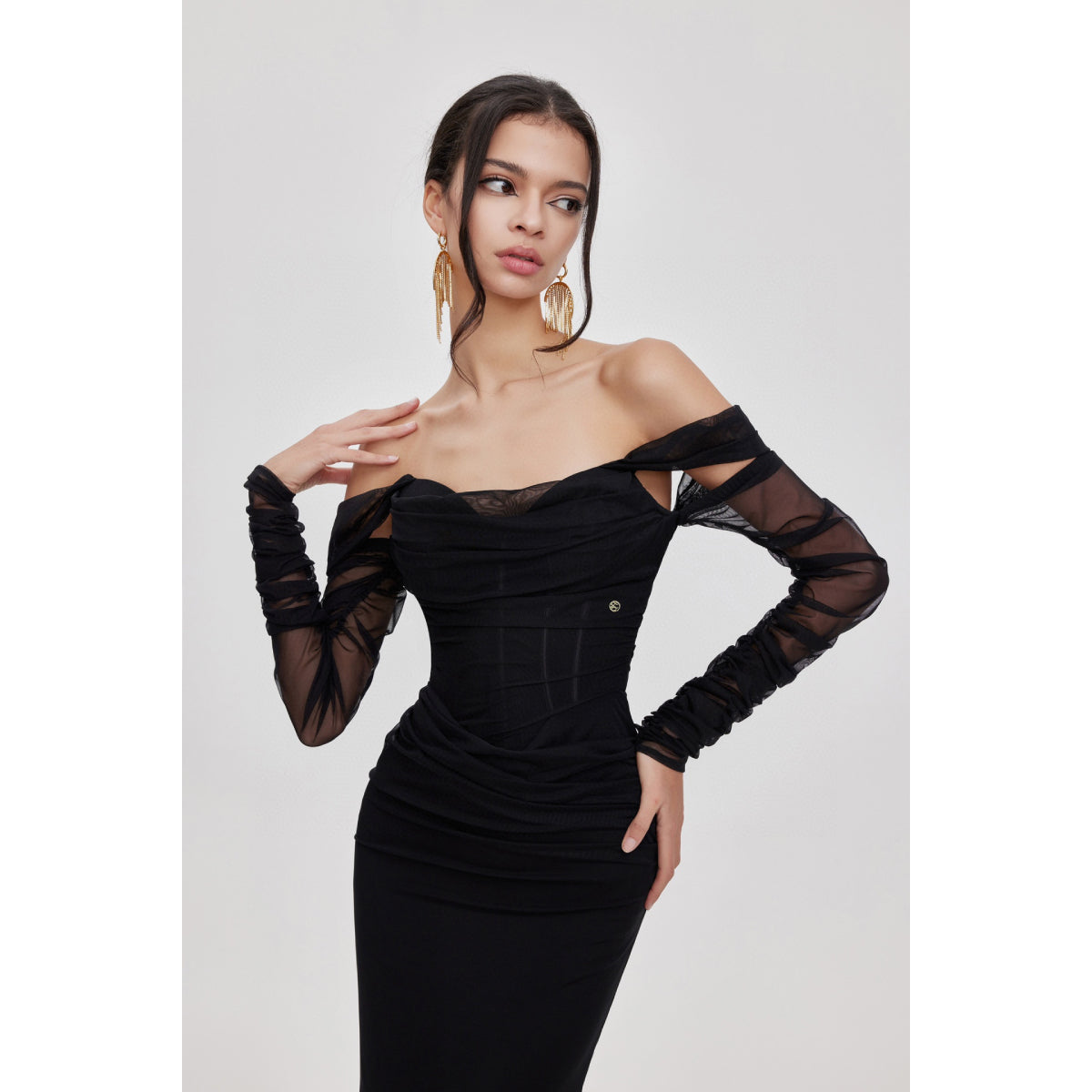 Sheer Luck Ariel Off-Shoulder Fishtail Mesh Dress Black