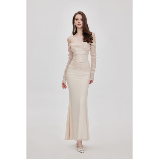 Sheer Luck Ariel Off-Shoulder Fishtail Mesh Dress Cream