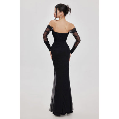 Sheer Luck Ariel Off-Shoulder Fishtail Mesh Dress Black