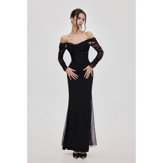 Sheer Luck Ariel Off-Shoulder Fishtail Mesh Dress Black