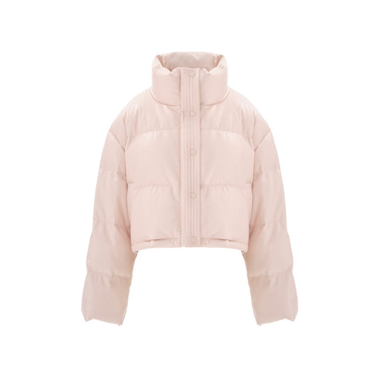 Concise-White PU Leather Puff Cropped Down Jacket Pink