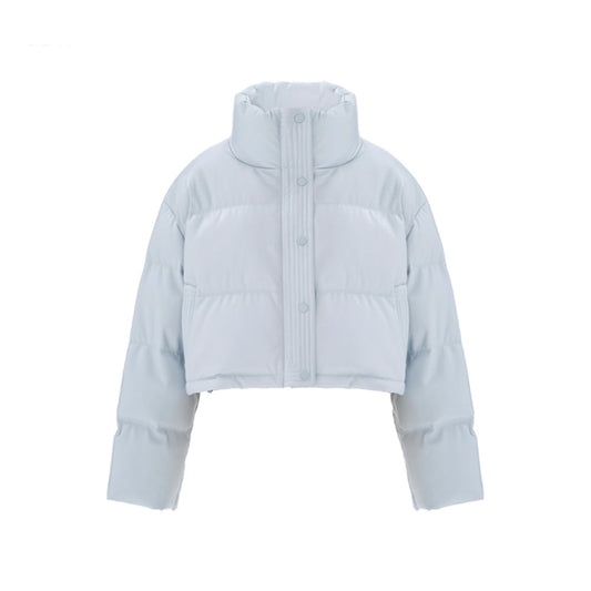 Concise-White PU Leather Puff Cropped Down Jacket Blue