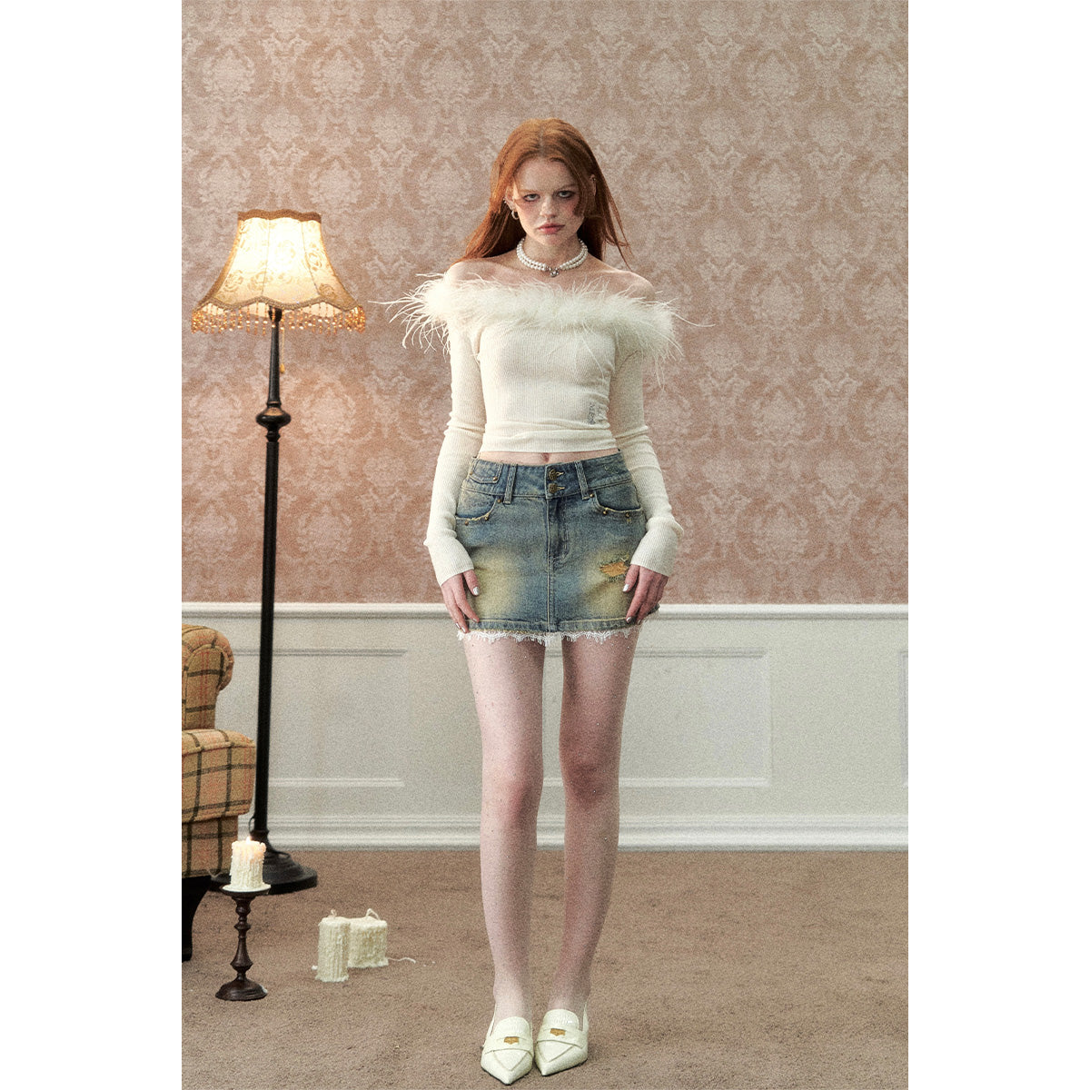 Via Pitti Detachable Ostrich Feather Knit Top White